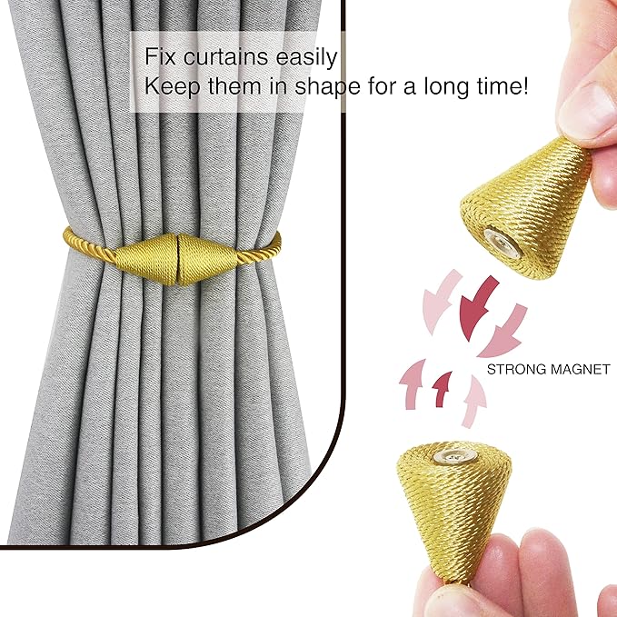 4 Pack Magnetic Curtain Tiebacks Rope Modern Handmade Curtain Tie Backs Decorative Drapes Weave Holdbacks for Window Décor, Gold
