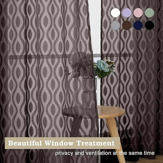 Aiyufeng Sheer Curtains 63 Inch Length 2 Panels Set, Solid Brown Light Filtering Voile Window Treatments for Bedroom Living Room, Modern Wavy Line Textured, 40" W X 63" L