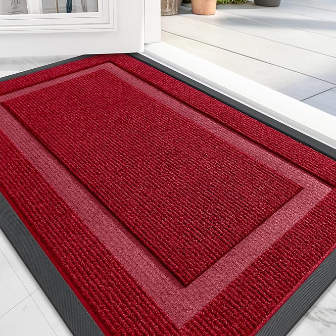 OLANLY Front Door Mat Indoor Outdoor Entrance, Waterproof All-Season, All-Weather Doormat, Sturdy Natural Rubber, Fade Resistant, Low Profile, Easy Clean Patio Porch Entryway Mat, 36x24, Wine Red
