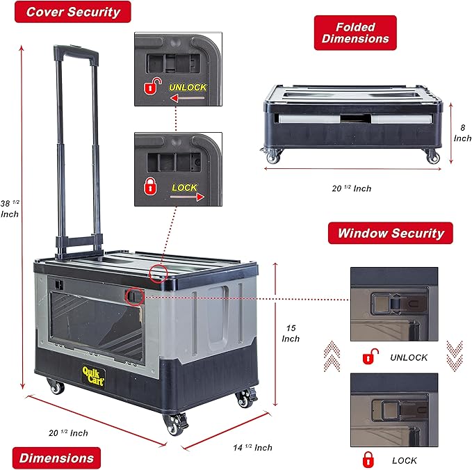 dbest products Quik Cart Extended Four Wheeled Rolling Crate Teacher Utility with seat Dual Accessible Doors Heavy Duty Collapsible Basket with Two Position Handle