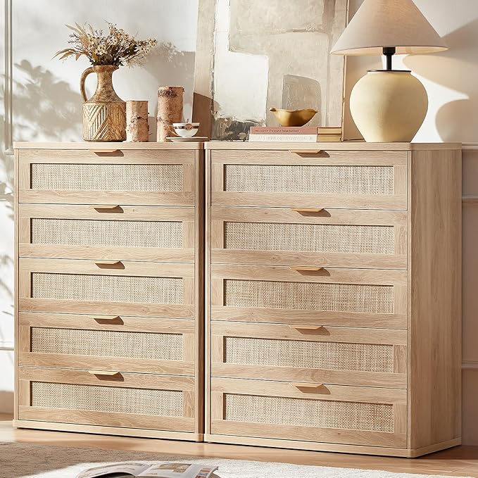 LEYAOYAO Rattan Dresser for Bedroom Set 2, 41" Tall Chest of Drawers, Modern 5 Drawers Boho Dressers with Storage, Light Oak Dresser Wooden Closet Organizer for Living Room, Hallway, Natural Wood