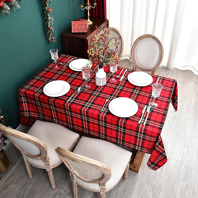 Red GinghamTartan Christmas Plaid Tablecloth - Rectangular 58x102 Inch Water Resistant Table Cloth for Indoor/Outdoor Use - Holiday Table Cover for Kitchen, Picnics, and Parties