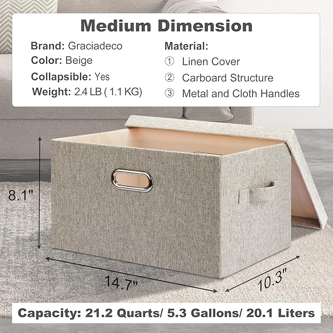 Medium 15" 21 Quart Collapsible Stackable Storage Bins with Lids, 3 Packs Beige Foldable Fabric Closet Boxes Heavy-duty Linen Cube Baskets Container for Bedroom Office (15 x 11 x 8)