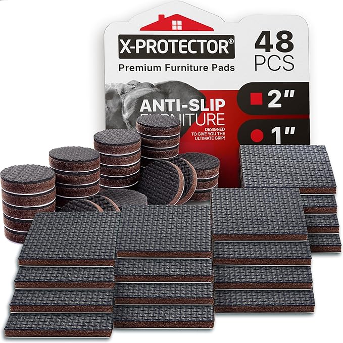 Non Slip Furniture Pads X-PROTECTOR 48 PCS - 32 pcs 1” Round + 16 pcs 2" Square Furniture Grippers! Rubber Feet Hardwood Floor Protectors for Furniture Legs - Couch Stoppers - Keep Furniture in Place!