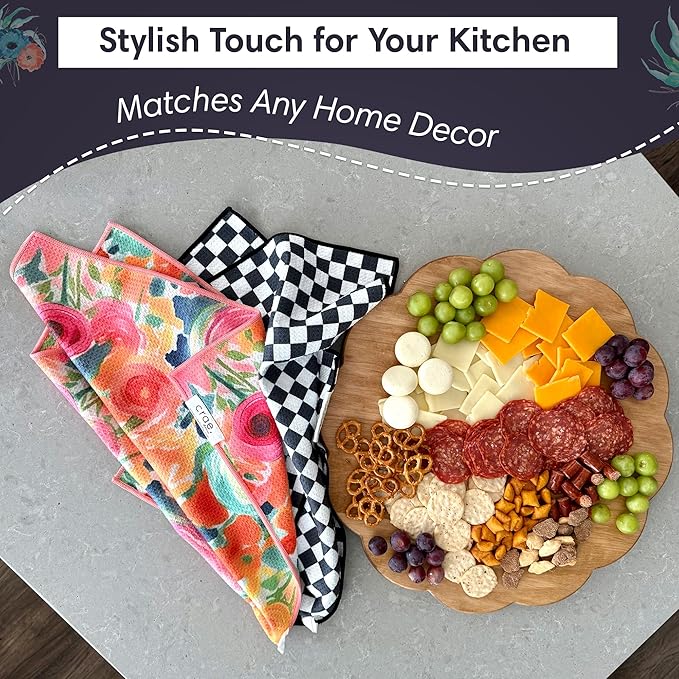 2 Double Sided Microfiber Hand Towels, 17x27 Inches Waffle Design Kitchen Towels Set, Durable & Soft Fast Drying Hand Wash Cloth and Dishcloth Perfect for Everyday (Pia & Fonnie - Black/Pink)