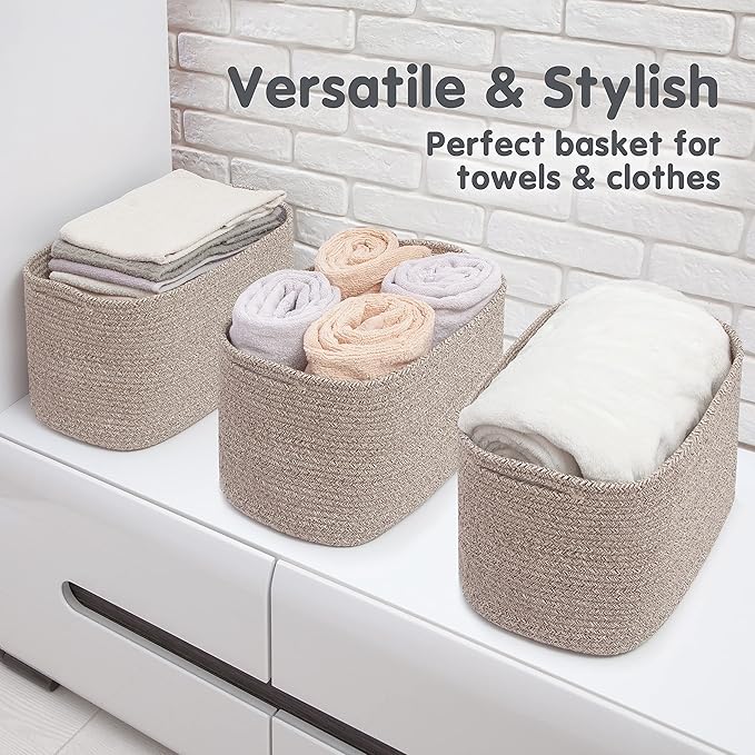 CHAT BLANC Cotton Rope Baskets for Organizing | Storage Baskets for Shelves | Rope Basket for Storage, Small Laundry Baskets, Woven Baskets for Storage, Dog Toy Bin, Baby Basket, Brown 3 Pack