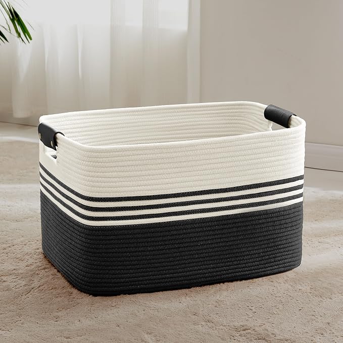 72L Large Laundry Basket with Leather Handles for Living Room Storage, Woven Rope Baskets Bin for Blanket, Kids Toy, Gifts, Wicker Hamper for Bedroom Dirty Clothes, 22"x17"x12" White Black