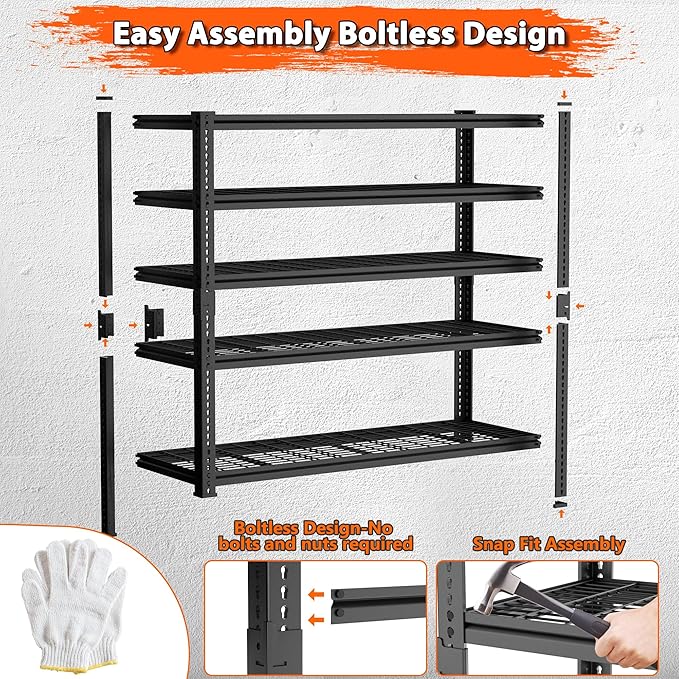 Storage Shelves Heavy Duty, 2 PCS 60" L x 24" W x 78" H Garage Wire Shelving Unit Loads 3300LBS, 5-tier Adjustable Metal Industrial Utility Shelf Rack for Kitchen, Laundry Room, Warehouse, Basement