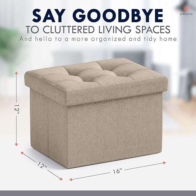 Ornavo Home Small Storage Ottoman Foldable Collapsible Rectangle Linen Ottoman Foot Rest Stool Seat, for Living Room, Bedroom, Home Office, Dorm - 12 x 16 x 12, Taupe
