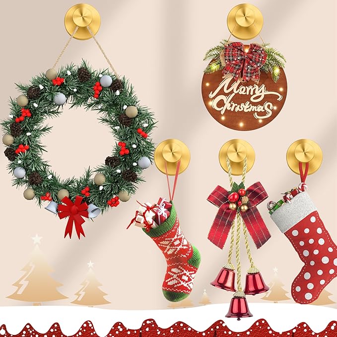 Suction Cup Hooks for Shower,Wreath Hanger for Front Door,Removable No Drill Waterproof Towel Loofah Hook,Upgraded 15 lbs Strong Suction Metal Hooks for Bathroom,Wall,Garland Glass Door-Gold 2 Pcs