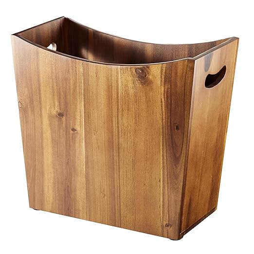 3 Gallons Rectangular Wastebaskets - Acacia Wood Waste Basket with Handles - Small Trash Can for Bathroom - Brown Garbage Bin for Spa Decorative, Kitchen Under Counter, Living Room, Office
