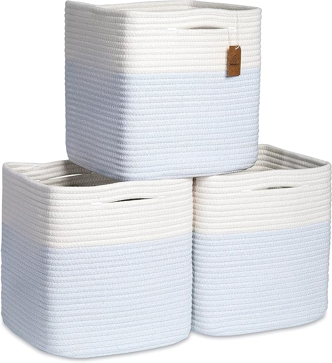 NaturalCozy Storage Cubes 11 Inch Cotton Rope Woven Baskets for Organizing, 3-Pack | Cube Storage Bin | Square Storage Baskets for Shelves Organizer, Classroom, Kids Toy Bins, Closet, Baby Nursery