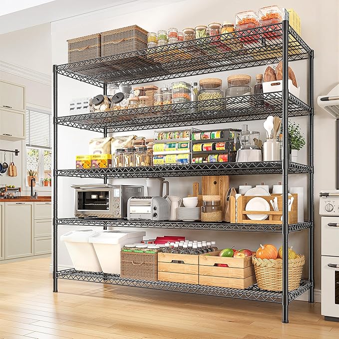 REIBII 55.5" W Storage Shelves 3200LBS Metal Shelving 5 Tier Wire Shelving Unit Garage Shelving Heavy Duty Metal Shelves for Storage Rack Commercial Adjustable Pantry Shelf, 55.5" W X 18''D X 71" H