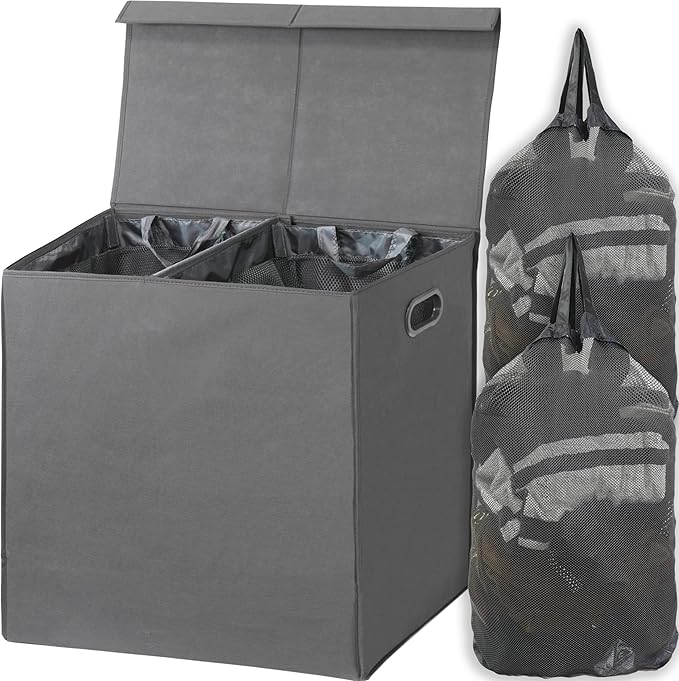 Simple Houseware Double Laundry Hamper with Lid and Removable Laundry Bags, Dark Grey