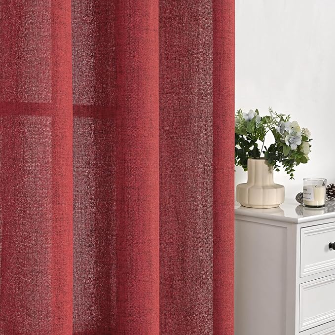 YoungsTex Red Linen Curtains 80 Inch Length for Living Room, Light Filtering Semi Sheer Drapes with Back Tab Rod Pocket for Christmas Bedroom Dining Room, 2 Panels, 52 X 80 Inch