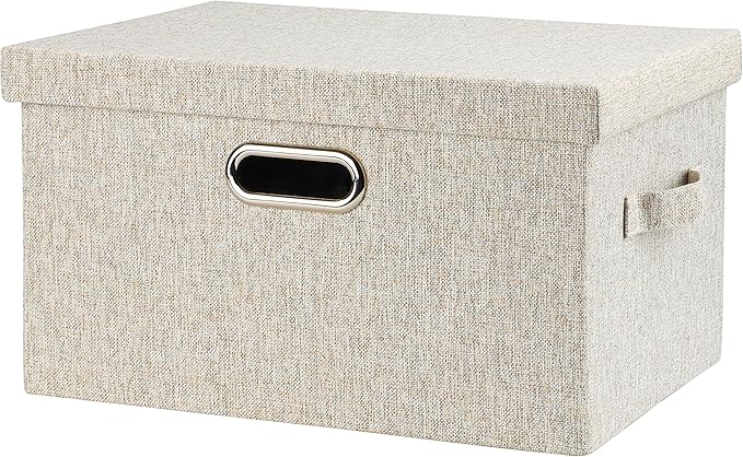 Medium 15" 21 Quart Collapsible Stackable Storage Bins with Lids, 1 Pack Beige Foldable Fabric Closet Storage Boxes with Lids, Heavy-duty Linen Baskets for Bedroom