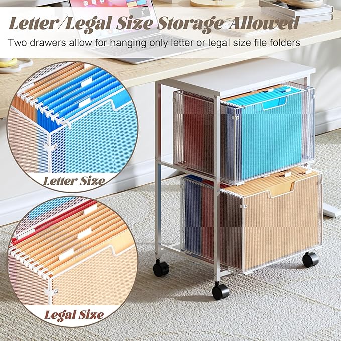 Letter/Legal Rolling File Cabinet, Rolling File Cart with 2 Drawers Filing Cabinet for Home Office, Hanging File Folders Organizer for Under Desk Storage, Mobile Printer Stand, White