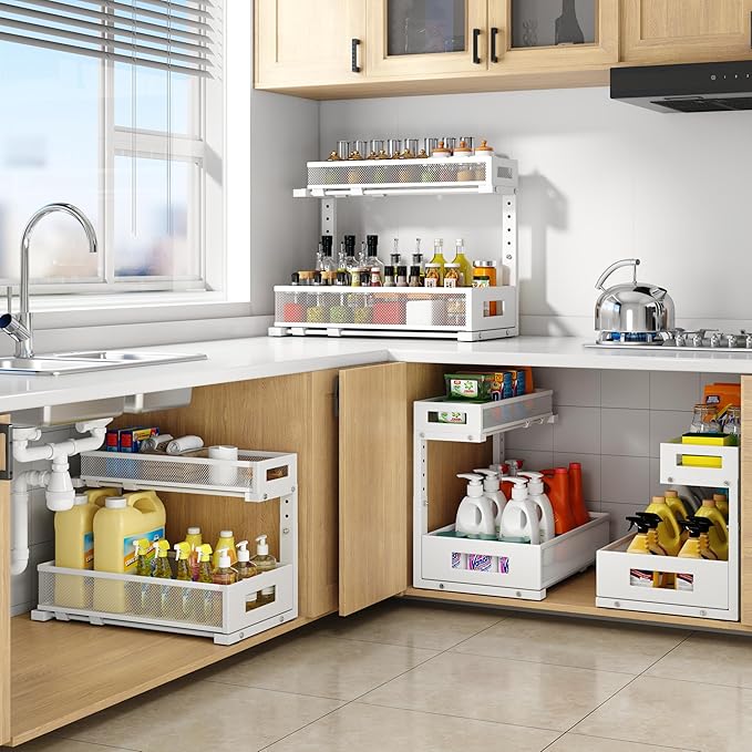 2 Pack 17IN Depth Under Sink Storage Organizer, Large 2-Tier Elegant Mesh Pull Out Shelf for Kitchen and Bathroom Cabinet Organization, L-Shaped and Adjustable Height Design-White