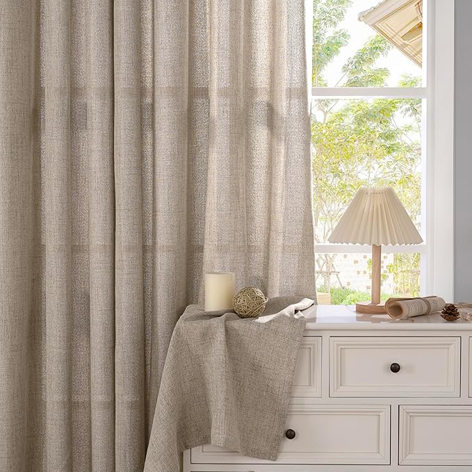 YoungsTex Small Linen Curtains 36 Inch Length for Kitchen Window Over Sink, Cafe Drapes Semi Sheer with Rod Pocket Back Tab Light Filtering for Bathroom Window, Dark Oatmeal, 2 Panels, 30 X 36 Inch