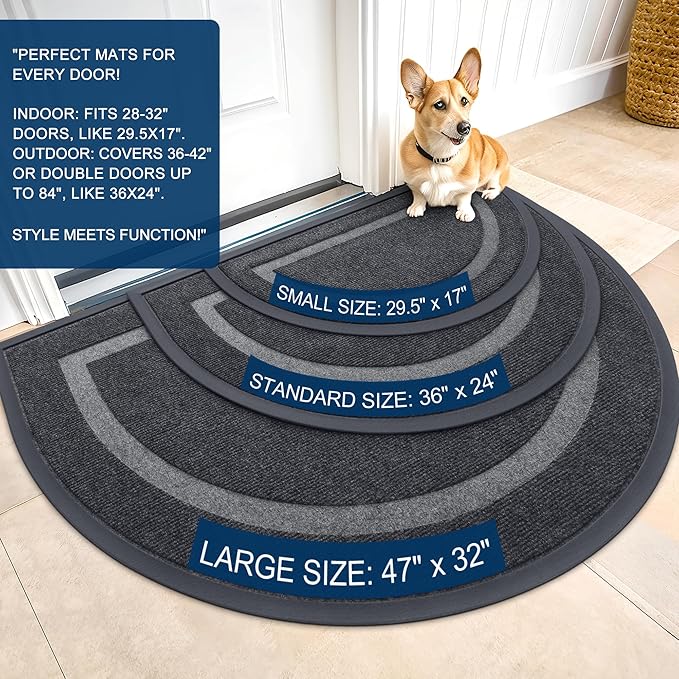 OLANLY Half Circle Door Mat Indoor Outdoor Entrance Welcome, Waterproof All-Season, All-Weather Doormat, Sturdy Natural Rubber, Low Profile, Easy Clean Patio Porch Entryway Mat, 59x35, Grey