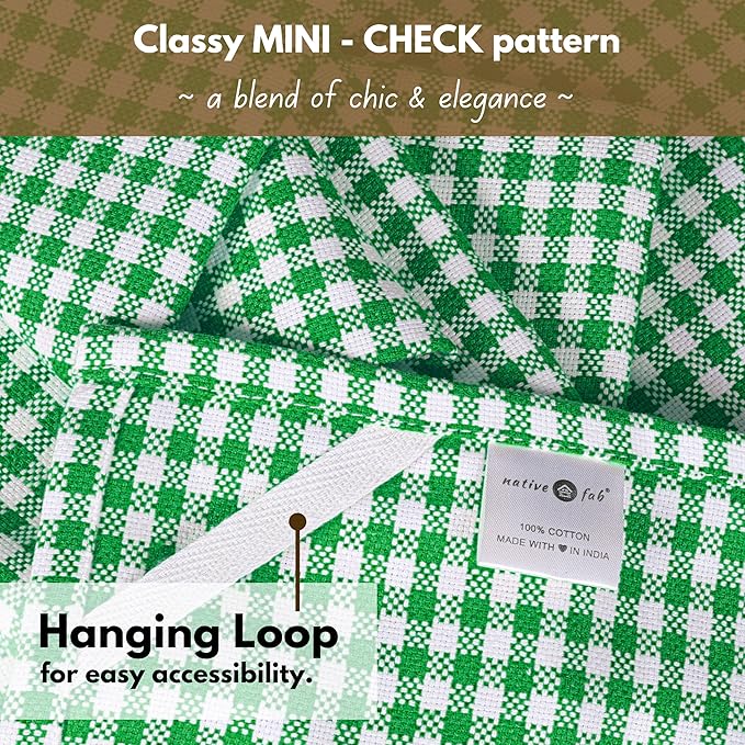 Native Fab 6 Pack Kitchen Towel with Hanging Loop 16x26 inches, Cotton Gingham Check Kitchen Towels for Drying Dishes, Soft & Absorbent Washcloths, Dish Cloth, Green White