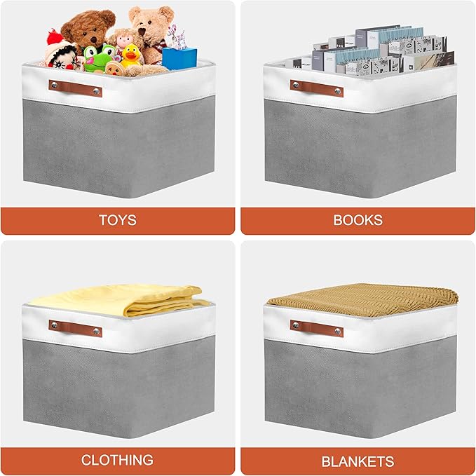 12in Open Fabric Storage Basket with Leather Handles for Organizing, Collapsible Linen Closet Bins for Shelves, Closets, Laundry, Decorative Basket for Gifts. (White＆Gray, 3PCS/12x12in)