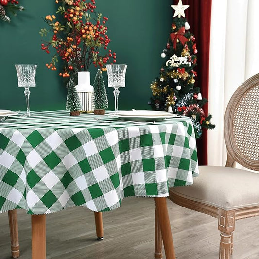 Waterproof Plaid Tablecloth Fabric - Round 58 Inch Classic Gingham Checker Table Cloth for Indoor/Outdoor Use - Buffalo Table Cover for Picnics, BBQs, and Parties