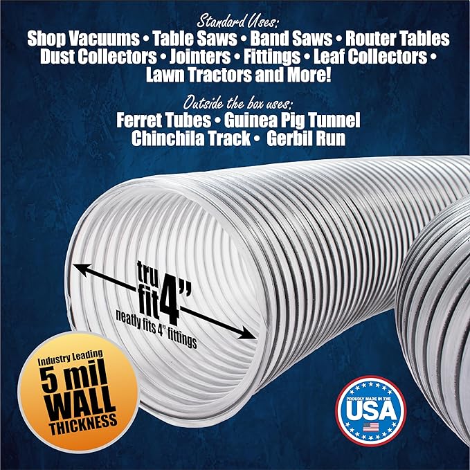 PVC Dust Collection Hose w/4 Thumbscrew Clamps, Puncture Resistant, Carbon Steel Wire, Clear Flexible PVC Dust Collector Hose, Proudly Made in USA (4" x 10')