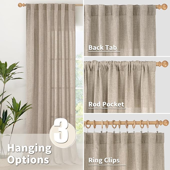 YoungsTex 36 Inch Length Linen Semi Sheer Curtains for Kitchen Cafe Window, Short Light Filtering Drapes with Rod Pocket Back Tab Burlap Textured for Bathroom, Dark Oatmeal, 2 Panels, 42 X 36 Inch