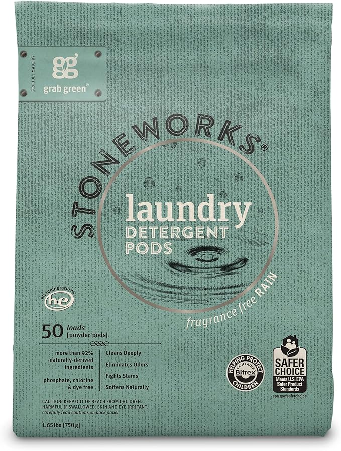 Grab Green Stoneworks Laundry Detergent Pods and Dryer Sheet Bundle, 50 Count Pods and 80 Dryer Sheets, Fragrance Free Rain Scent, Plant and Mineral Based Laundry Care Set