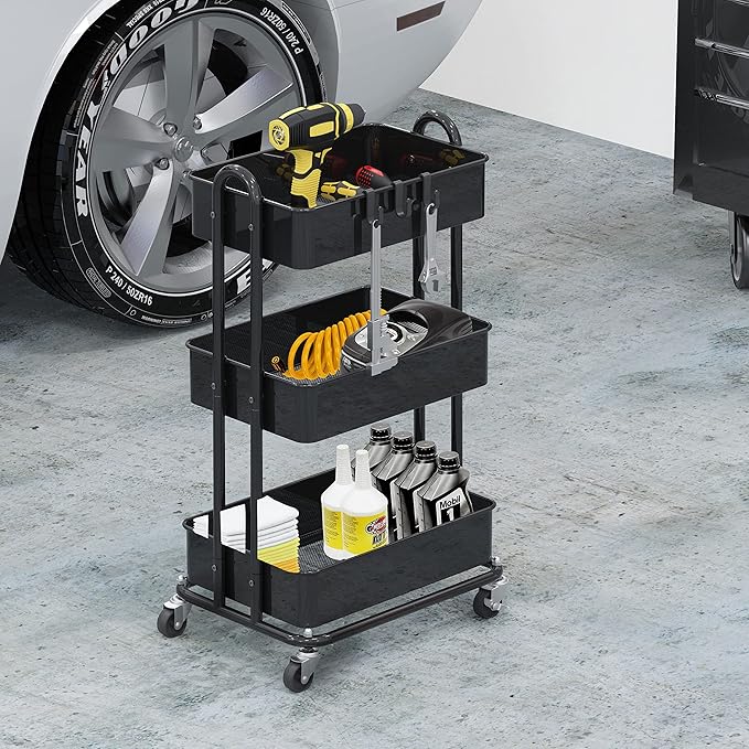 Simple Houseware 3-Tier Heavy Duty Metal Utility Rolling Cart, Black