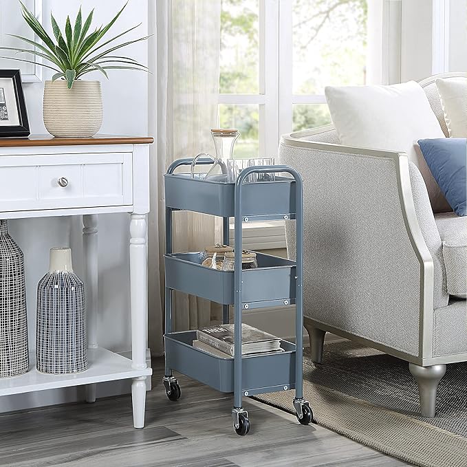 SunnyPoint 3-Tier Delicate Compact Rolling Metal Storage Organizer - Mobile Utility Cart Kitchen/Under Desk Cart with Caster Wheels - Blue (15.35" X 10.24" X 26.8"H)