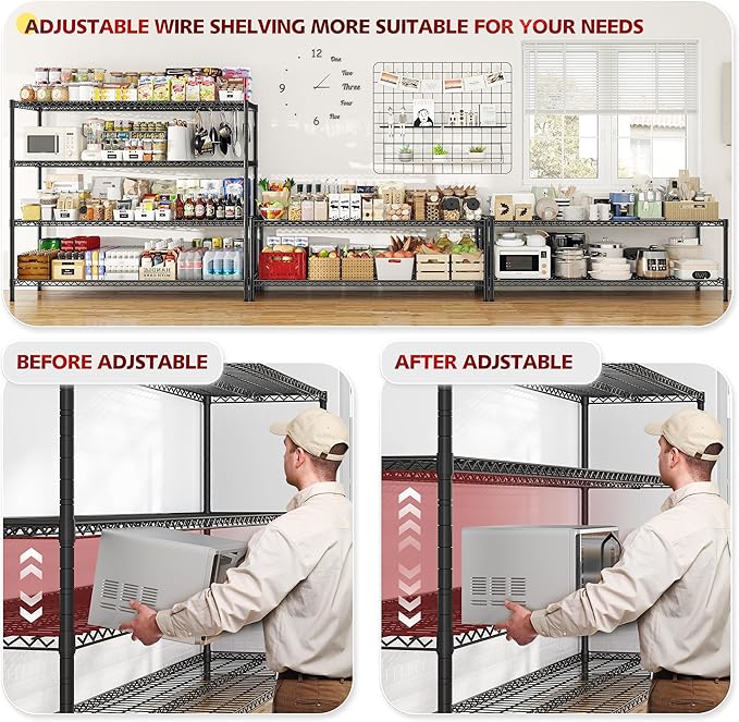REIBII 55.5''W Heavy Duty Metal Shelves with Wheels - 4PCS Adjustable Garage Storage Rack, 75.6" H X 55.5''W X 24" D