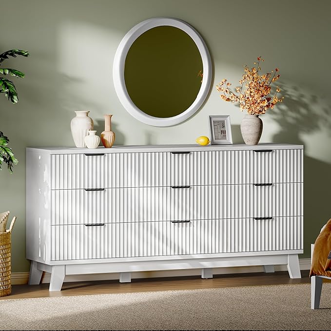Fluted Dresser with 9 Drawers, 63" Wide Modern Chest of Drawers with Metal Handle, Wooden Dresser TV Stand, Wood Closet Clothes Storage Organizer for Bedroom, Living Room, Hallway, Solid White