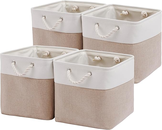 13 x 13 Inch Cube Storage Bins, 4 Pack Large Collapsible Fabric Storage Bin with Ropes, Foldable Storage Cubes for Home, Office,Closet, Clothes, Toys Organizer (White & Beige)