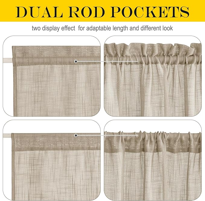 NICETOWN French Door Curtain Panel - Durable Faux Linen Casual Weave Sheer Front Door Window Covering, Privacy Light Filtering Semi Sheer Curtain with Tieback (Taupe, 1 Panel, 30" by 72")