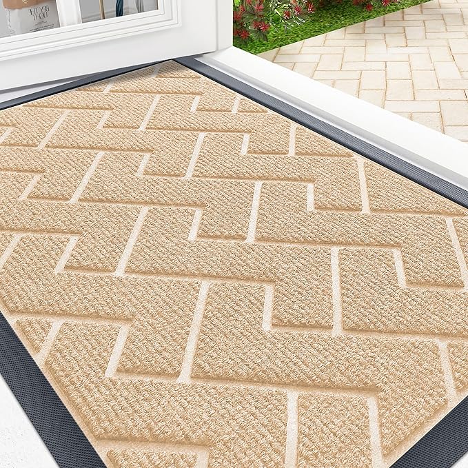 OLANLY Front Door Mat Indoor Outdoor Entrance, Waterproof All-Season, All-Weather Doormat, Sturdy Natural Rubber, Low Profile, Easy Clean Patio Porch Entryway Mat, Herringbone Brick (Beige, 59x35)