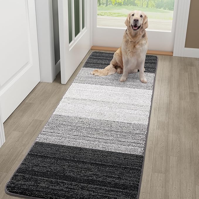 Kitinjoy Indoor Outdoor Door Mat, 59x20 Non-Slip Absorbent Dirt Trapper, Low-Profile Washable Inside Entrance Front Floor Mat, Sturdy Soft Entry Doormats for Entryway, Grey