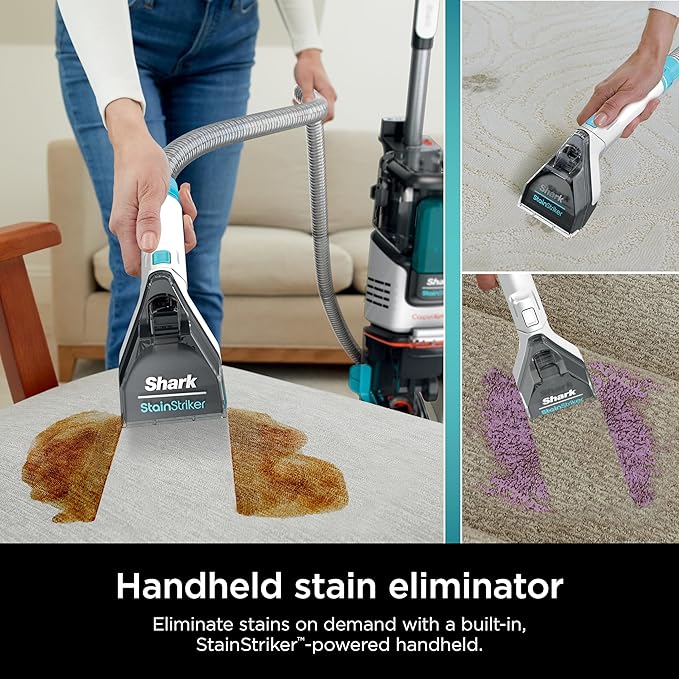 Shark CarpetXpert with StainStriker Upright Carpet, Area Rug & Upholstery Cleaner with Pet Mess Extractor Tool, Perfect for Pets, Carpet Shampooer, 3 Cleaning Tools, Cleaning Solutions, White, EX201