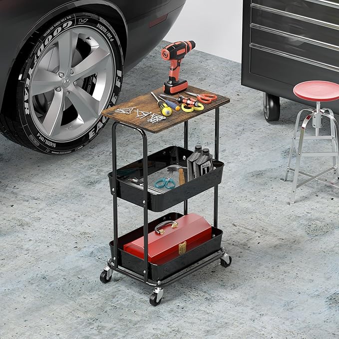 Simple Houseware 2-Tier Rolling Utility Cart with Lockable Wheels and Wood Top, Metal Storage Organizer Trolley for Kitchen, Bathroom, Office, Craft Room, Rustic Brown