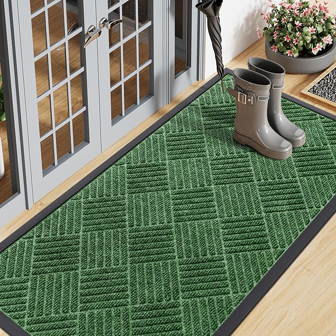 Smiry Front Door Mat Outside Entrance, Heavy Duty Outdoor Indoor Natural Rubber Doormat, Non Slip, Trap Dirt and Moisture, Easy Clean, Low Profile Patio Porch Entryway Mat, 59x23, Green