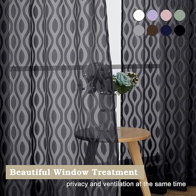 Aiyufeng Black Sheer Curtains 63 Inch Length 2 Panels Set, Solid Airy Light Filtering Voile for Bedroom Living Room, Modern Wavy Line Privacy Farmhouse Curtains, 40" W X 63" L