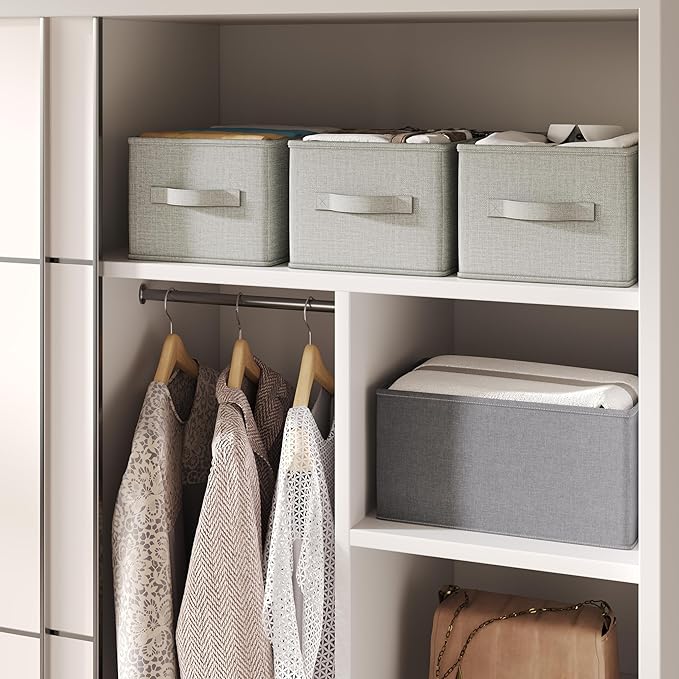 3 Pack Fabric Storage Bins for Shelves | 14.75x10.25x8.25 in Storage Baskets | Fabric Closet Organizers with Handles Home Organization | Linen Clothes Storage Bins | Light Gray