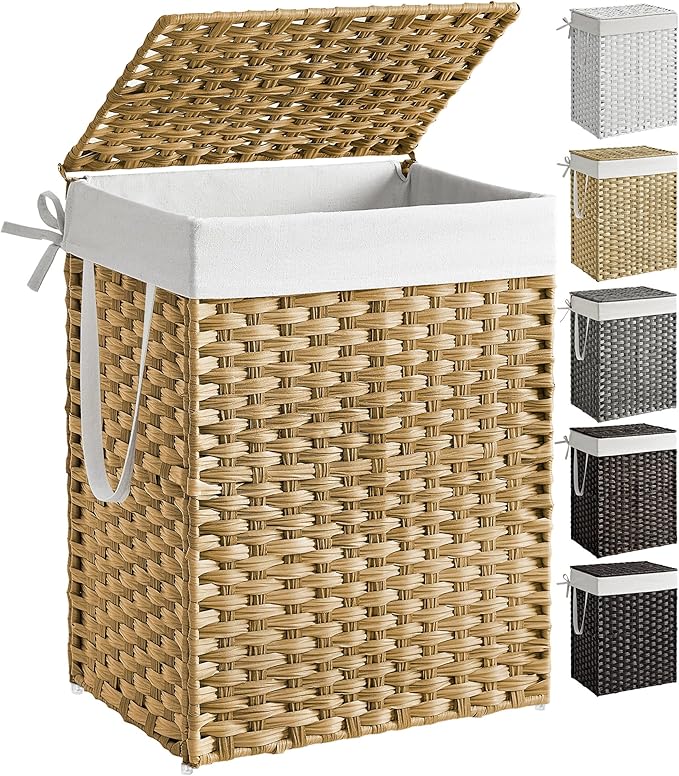 SONGMICS Laundry Hamper with Lid, 23.8 Gallon (90 L) Synthetic Rattan Clothes Laundry Basket with Lid and Handles, Foldable, Removable Liner, Goose Yellow ULCB51NL