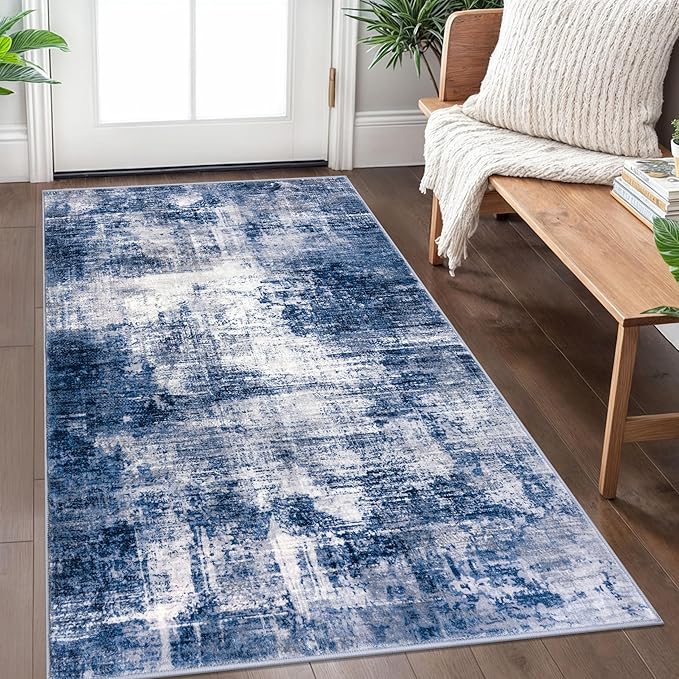 IOHOUZE Abstract Area Rug 3x5 Ft Washable Rugs for Entryway Indoor, Non Slip Kitchen Rug Printed Faux Wool Throw Rugs, Indoor Door Mat for Door Entrance Foyer Living Room, Navy/Grey