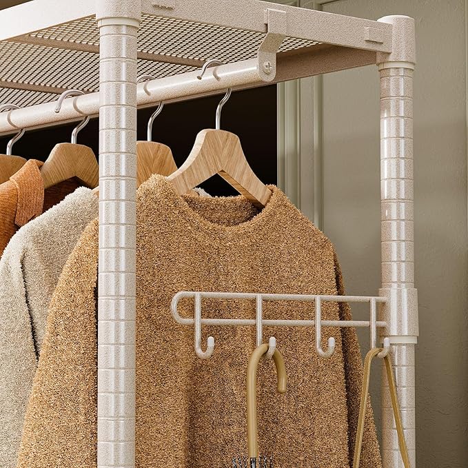 IZEUK Heavy Duty Rolling Garment Rack Wire Clothes Rack for Hanging Clothes, Metal Freestanding Closet Wardrobe Rack with Double Rods and Side Hooks Gold 17.7" D x 45.3" W x 70.3" H