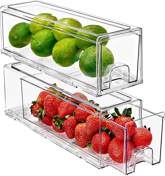 Sorbus Small Clear Storage Drawers (2 Pack) – Stackable Organizer Bins with Pull-Out Drawers for Kitchen, Pantry, or Fridge – Acrylic Storage Bins with Handles