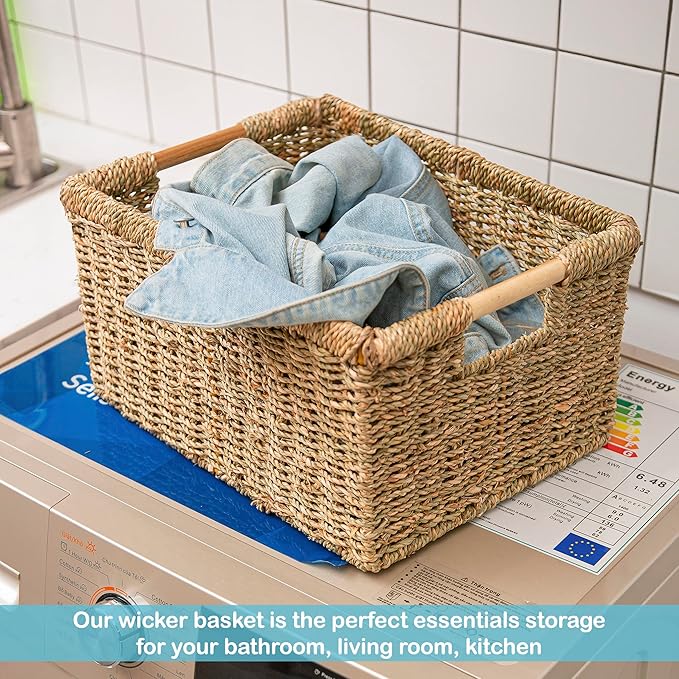 Large Wicker Basket Rectangular with Wooden Handles for Shelves, Seagrass Basket Storage, Natural Baskets for Organizing, Wicker Baskets for Storage - 3 Pack Large