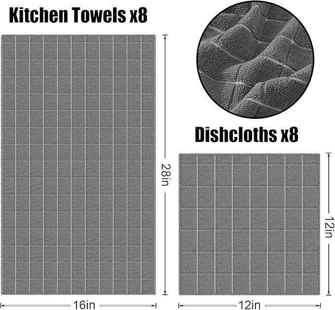 Homaxy Microfiber Kitchen Towels and Dishcloths Set, 16 Pack Soft and Absorbent Dish Hand Towels Bulk, 28 x 16 Inch & 12 x 12 Inch Quick Drying Rags for Washing Dishes, Grey