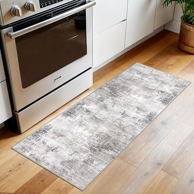 IOHOUZE Abstract Runner Rug 2x5 Ft Washable Runners for Hallways, Non Slip Kitchen Runner Printed Faux Wool Entryway Runner Indoor, Modern Abstract Floor Carpet for Hall Kitchen Bedroom, Grey Beige